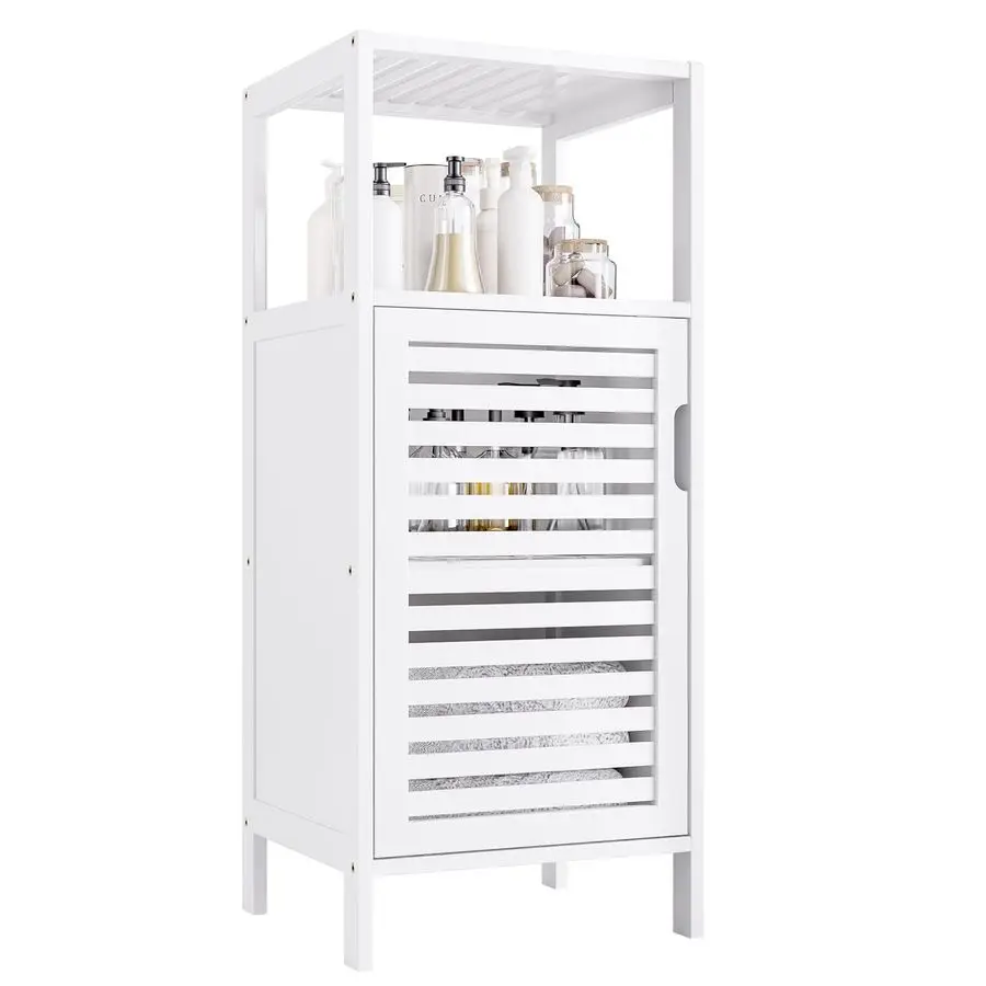 

Bamboo Bathroom Storage Cabinet, 4 Tier Small White Floor Cabinet with Single Door, Free Standing Slim Narrow Storage Organizer