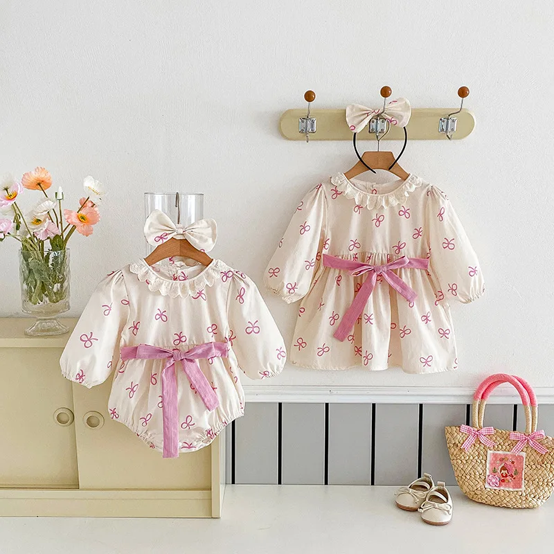 

2025 Fall Baby Girl Outfit Purple Bow Romper Long Sleeve Dress & Bloomers Set Toddler Sweet Outfit 0-24 Months Sister Matching​