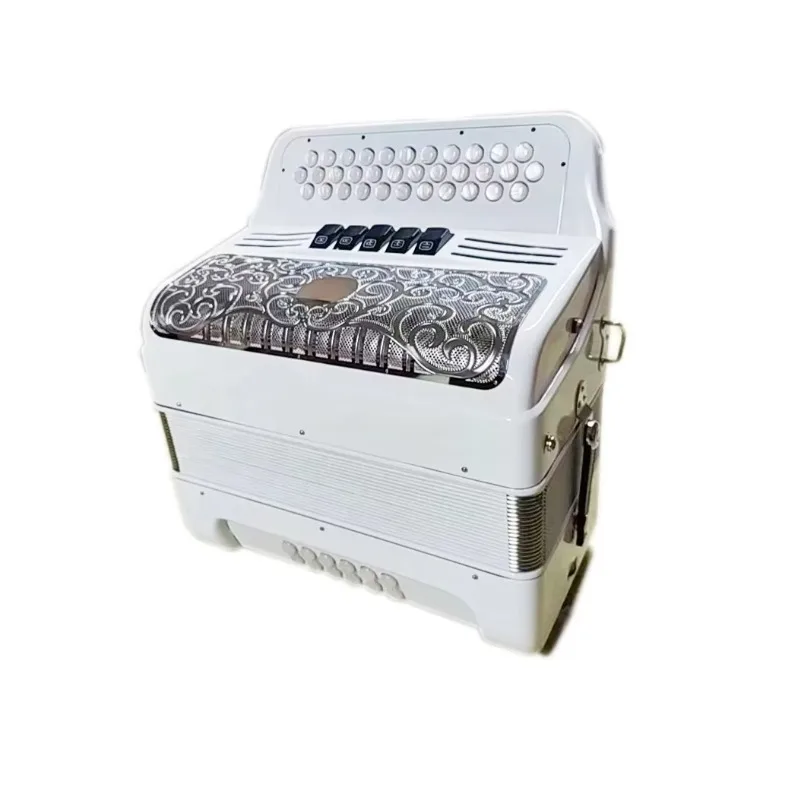 เครื่องดนตรีแอคคอร์เดียนไดอาโทนิก 34 ปุ่ม 12 เบส 5 รีจิสเตอร์ ตัวเครื่องสีขาวสว่าง ตะแกรงสีเงิน ปุ่มสีขาว รุ่น JB3412D