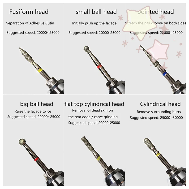 6Pcs/set Diamond Nail Grinding Head Polishing Electric Manicure Drill Bit Accessories