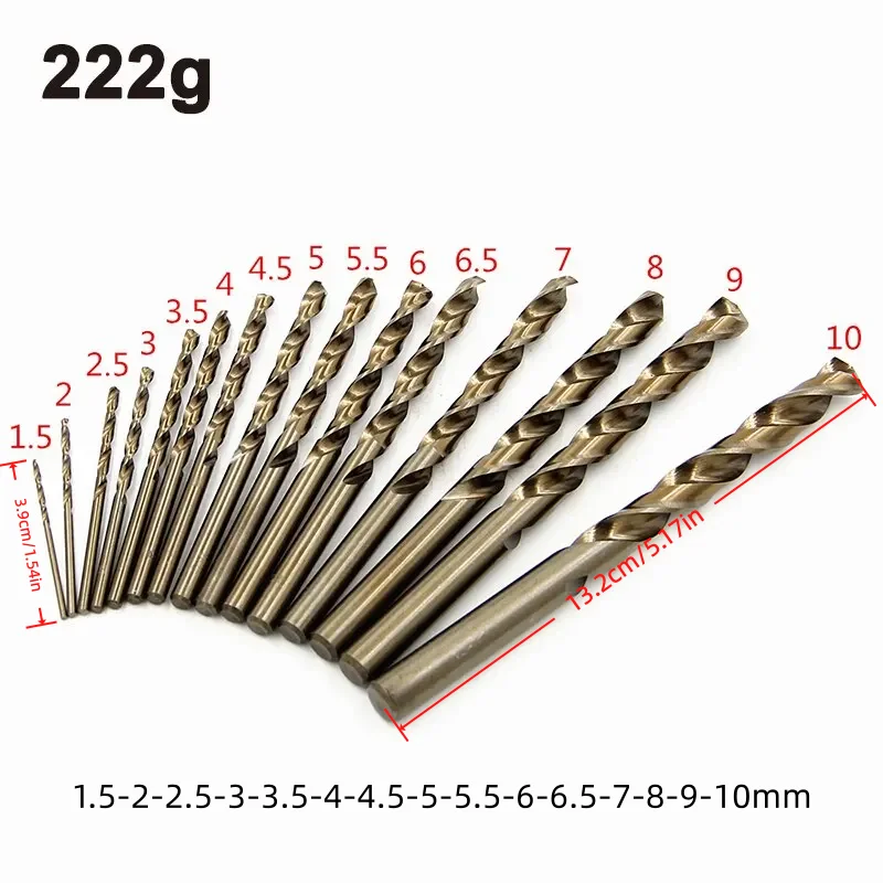15Pcs M35 Cobalt Twist Drill Bit Set, 1.5-10mm Straight Shank HSS Bits for Stainless Steel, Copper, Aluminum & Wood Drilling