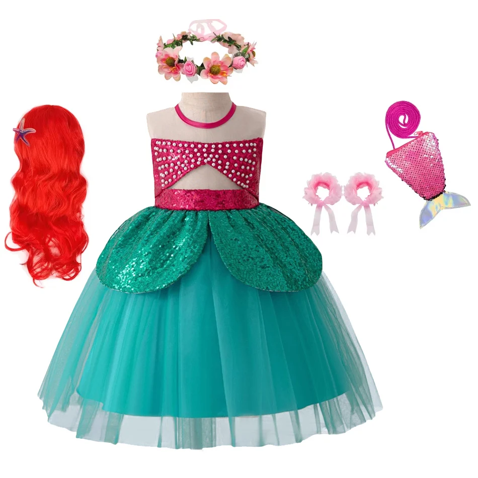 Ariel Princess Dress Girls Sequined Pearl Embellished Sleeveless Fancy Ball Gown Halloween Carnival Clothes Casual Outfit