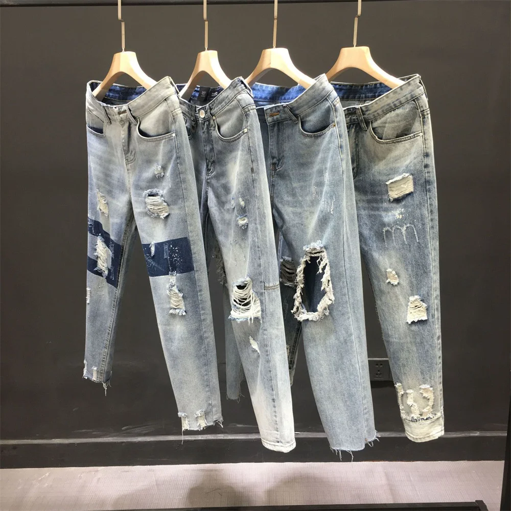 Holes Jeans Men And Women Summer 2022 High Waist Thin Color Loose Straight Denim Ankle-length Harem Pants Men And Women Jeans