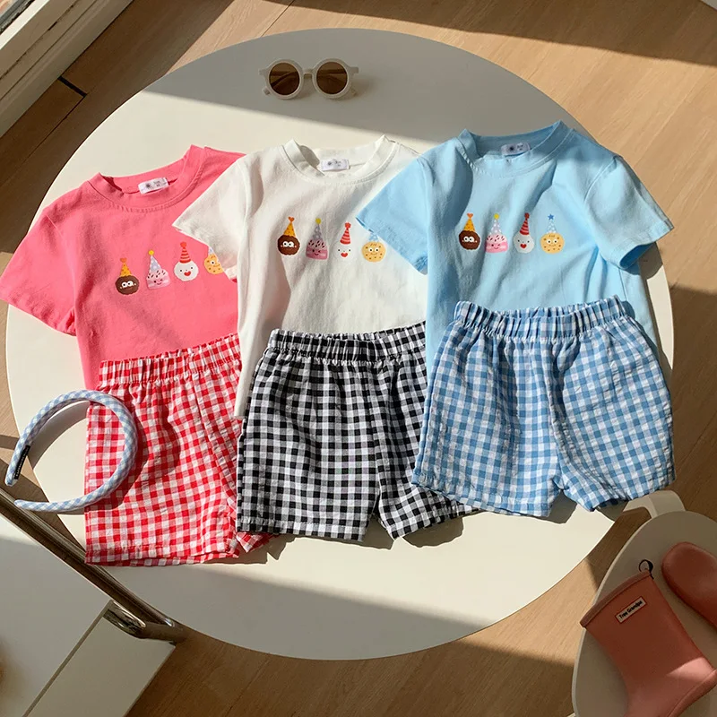 

Summer Baby and Girls Cotton Cute Cartoon Print Short Sleeve T-Shirt+Plaid Shorts School Kids 2PCS Set Children Outfit 1-10Years