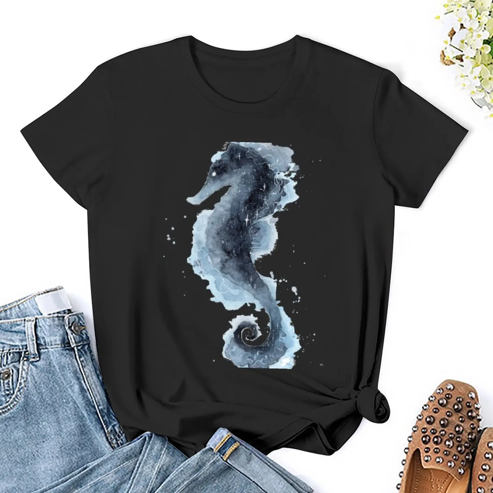 Galaxy Seahorse kaus pakaian lucu wanita pakaian atasan kaos lucu untuk wanita kaus grafis lucu