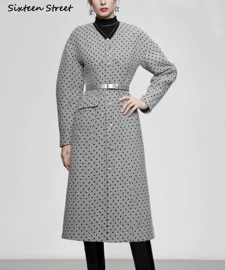 

2023 Chic Wool Jacket Women Polka Dot Winter V-neck Vintage Gray Blend Coat Ladies with Belt Autumn Loose Elegant Outfit