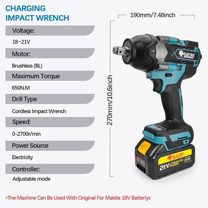 EGOD DTW700 Brushless Cordless 1/2'' Impact Wrench High Torque Adjustable Mode Power Tools For Makita 18V Battery