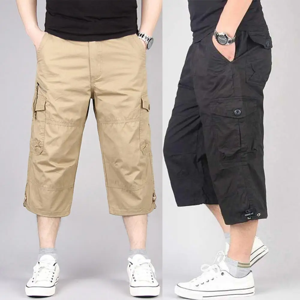 Summer Men\'s Casual Cotton Cargo Shorts Overalls Long Length Multi Pocket Hot breeches Military Pants Male Cropped Pants