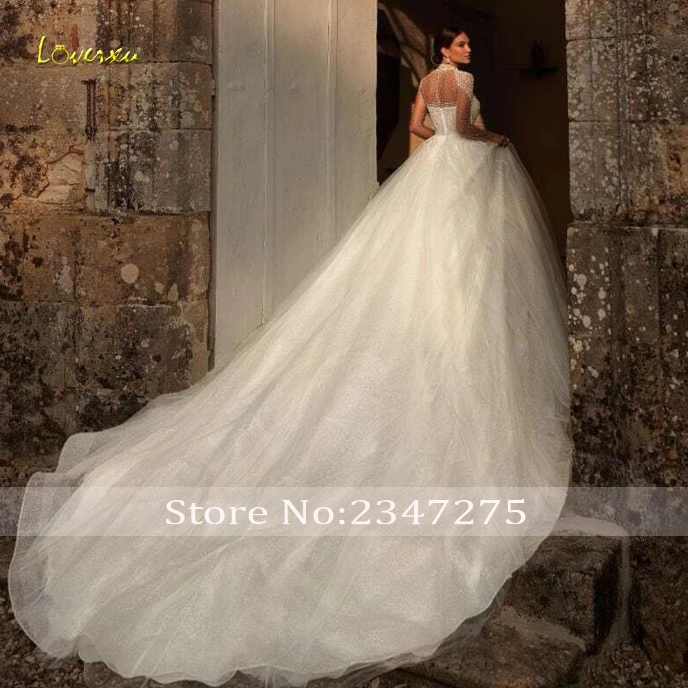 Suknie ślubne Loverxu w kształcie litery A z brokatem dla kobiet, z wysokim dekoltem, Vestido De Novia, koronkowe, zdobione koralikami, w stylu vintage, szyte na miarę, Robe De Mariee