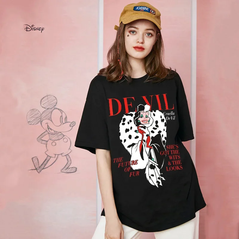 Disney Fashion Black and White Witch Demon Cartoon Cuira Cruella Printed T-shirt Women Short Sleeve O-neck Streetwear Tees Top