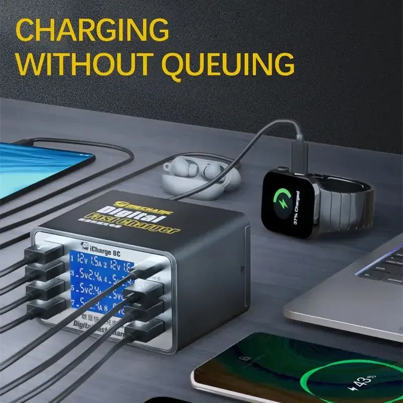 ช่าง iCharge 8A 8C USB Fast Charger 8 พอร์ตสมาร์ทดิจิตอลจอแสดงผล PD QC เดสก์ท็อปสถานีชาร์จโทรศัพท์ PC ซ่อม