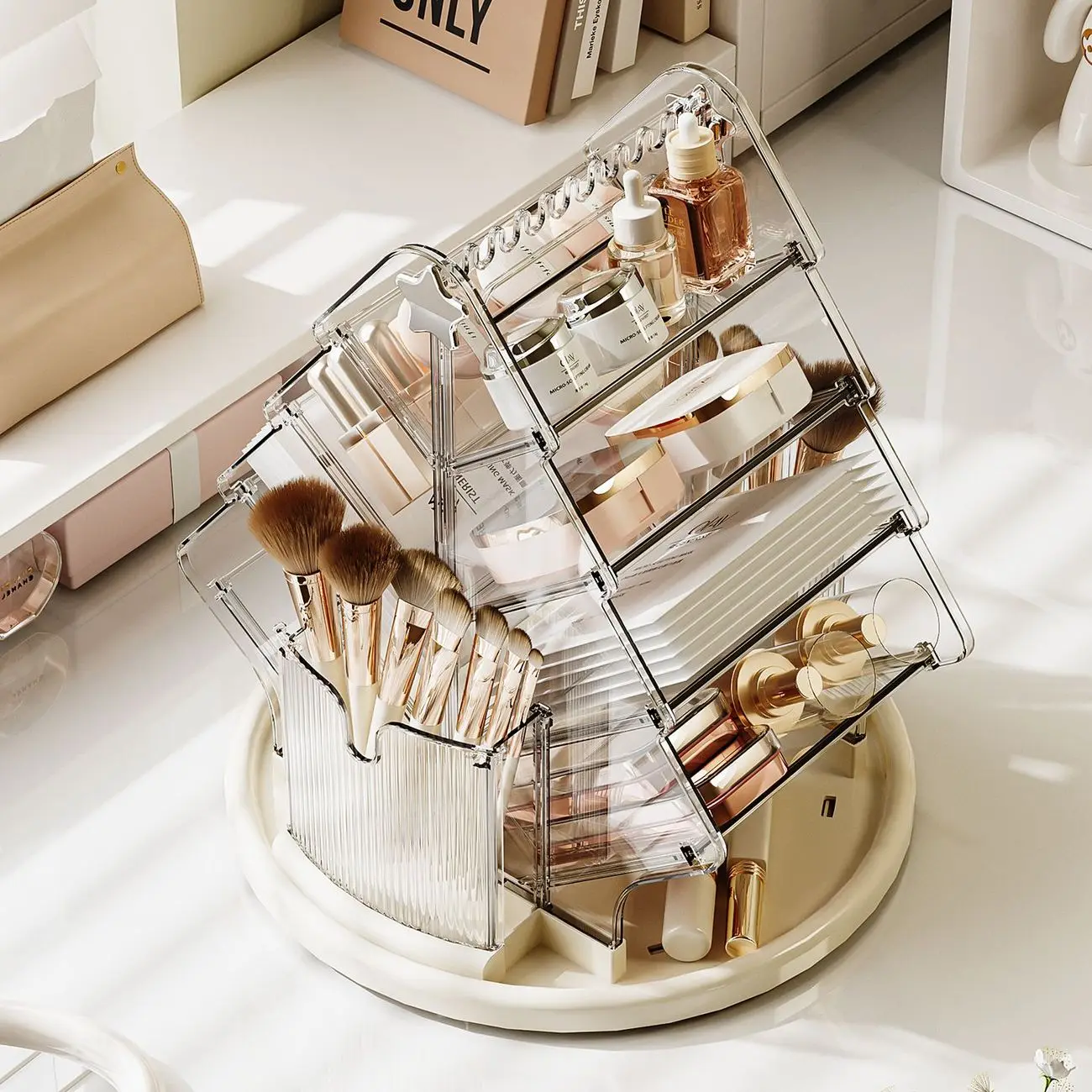 Transparent Rotatable Storage Box Office Desk Stationery and Miscellaneous Storage Rack Large Capacity Organizing Storage Box