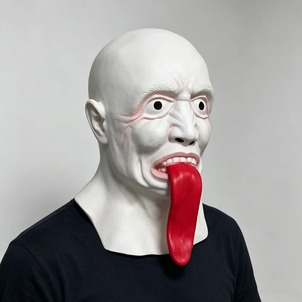 Gruselige Latex-Maske mit langer roter Zunge für den ganzen Kopf, realistische Gesichtsmaske eines Glatzkopfes, Halloween-Party-Kostüm, Cosplay-Maskerade, Scherz-Requisiten – Detail 1