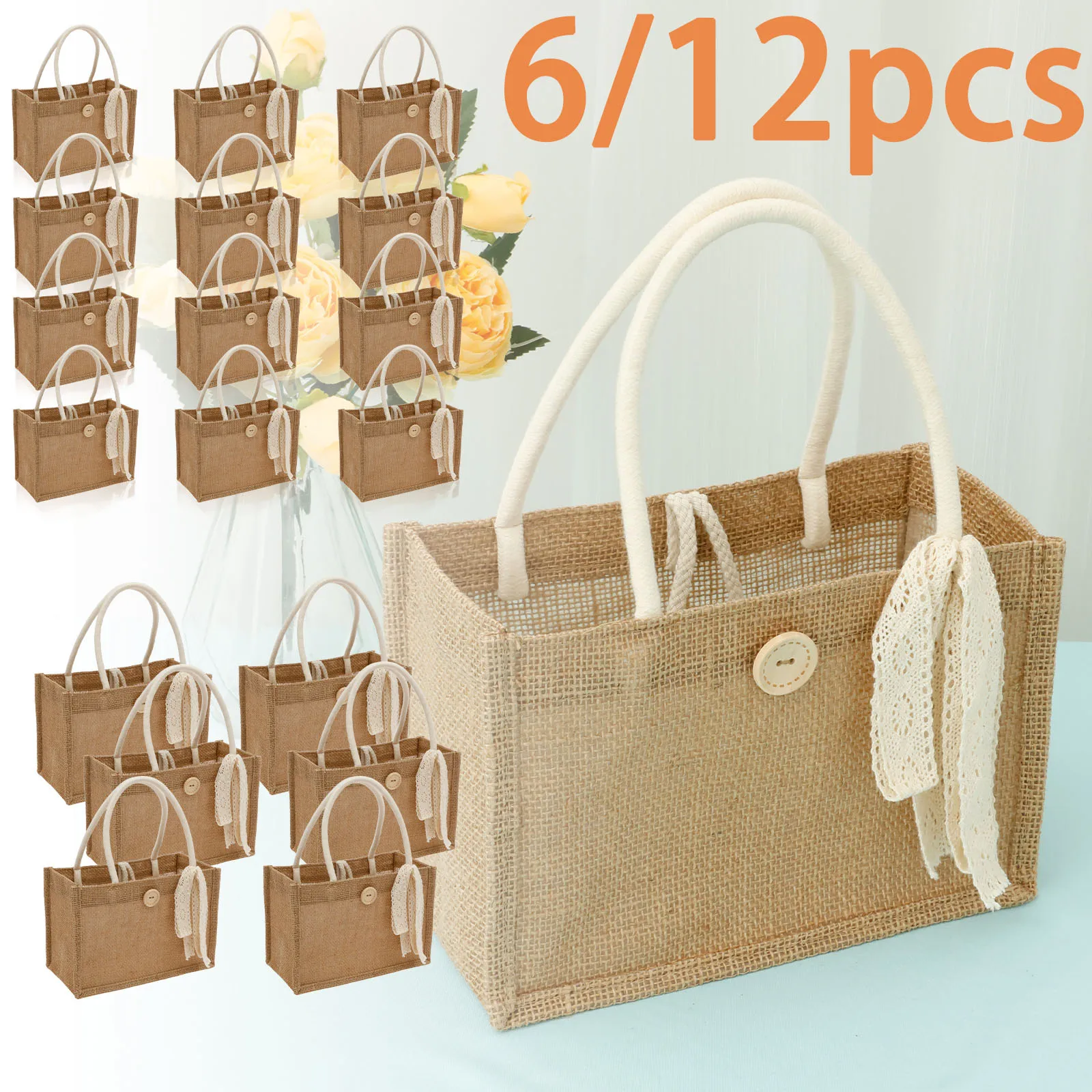 

6/12 шт. льняная большая сумка, большая вместительная женская сумка с ручкой и лентой, многоразовая льняная продуктовая сумка для пикника на открытом воздухе