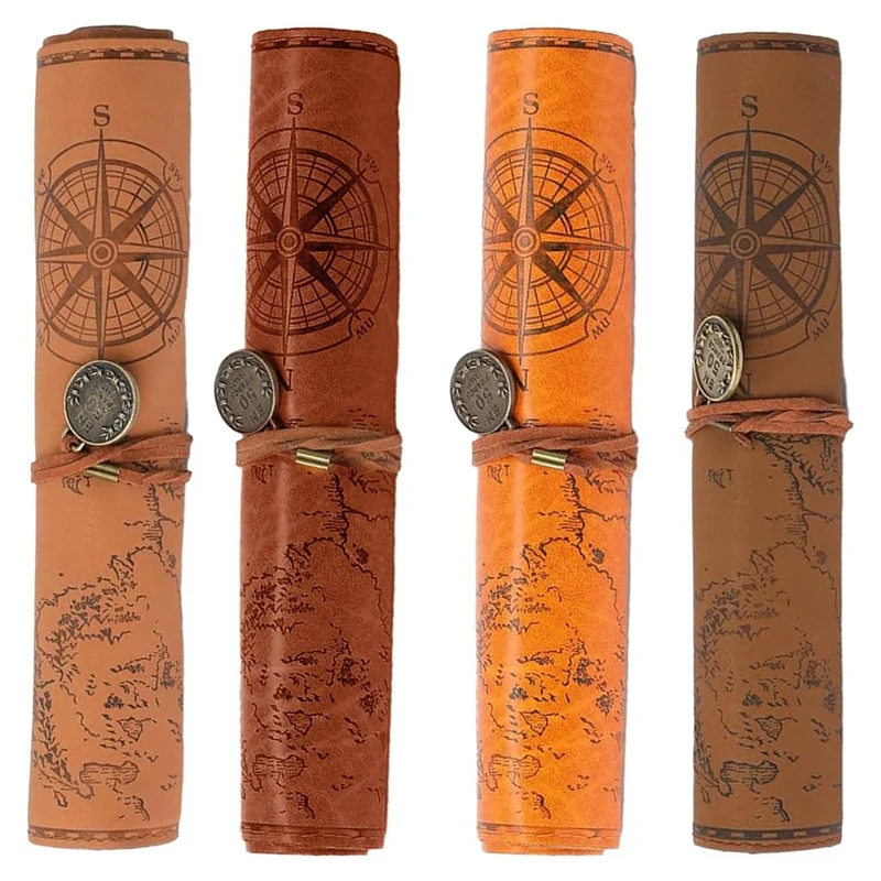 

4 Pieces Leather Pencil Case, Creative Map Rollup Pencil Bag, Vintage Makeup Brush Pouch, Brown PU Matte Smooth Cover-AT82