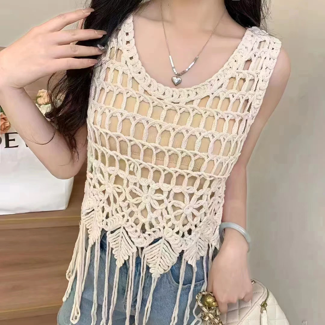 Boho Crochet Fringe Vest for Women Sleeveless Hollow Crochet Knit Tank Top with Tassel Cover Up Beach Vacation Outfit