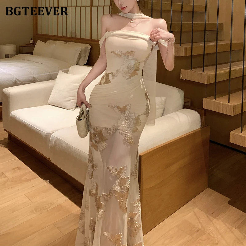 BGTEEVER Slash Neck Bodycon Long Dress for Women Elegant Floral Party Dresses Female