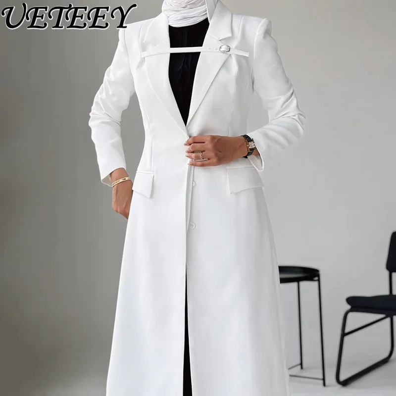 

Spring and Autumn New Fashion Temperament V-neck Pocket Stitching Design Long Coat Women's Slim Long-Sleeve Suit Jacket