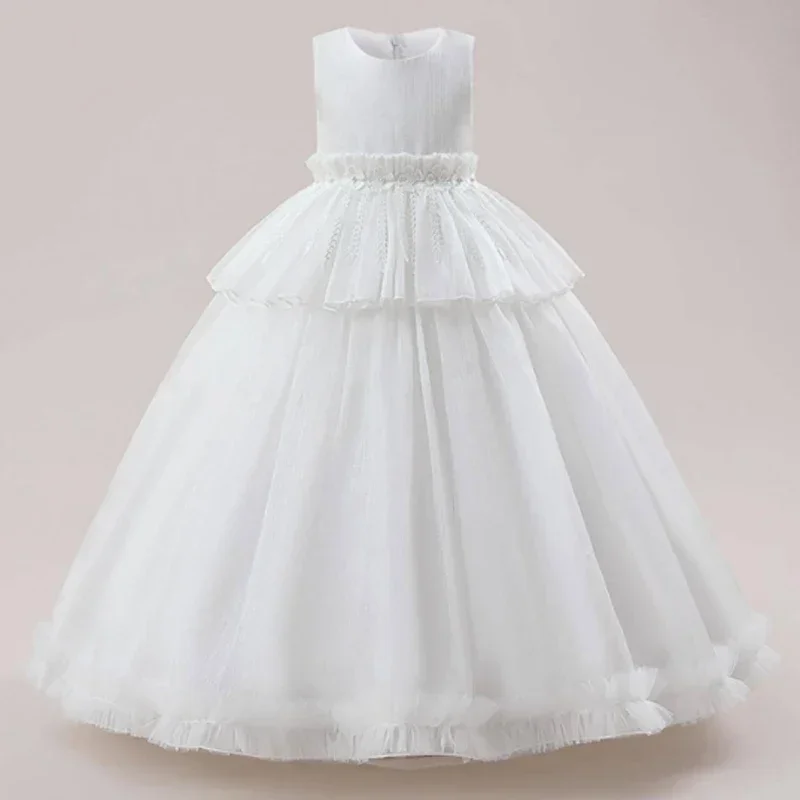 

4-14Y White Long Flower Girl Dress Children's Clothing with Floral Details, Princess Party Dress, Formal Wedding Ball Gown