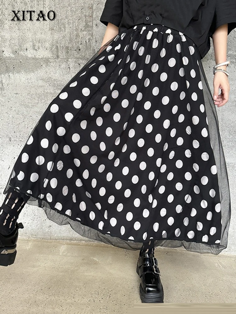 

XITAO Vintage Patchwork Gauze Skirt Fashion Dot Women Summer New Loose All-match Slimming A-line Simplicity Skirt ZY8764