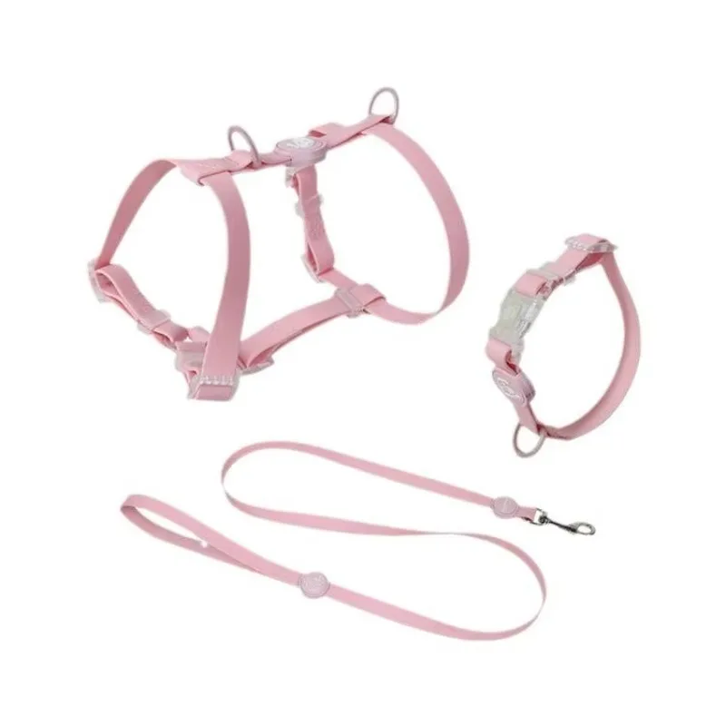

Custom Simple Pastel Color Soft PVC Dog Collar Leash and Nylon Harness Set with Solid Pattern and Rivet Decoration Waterproof