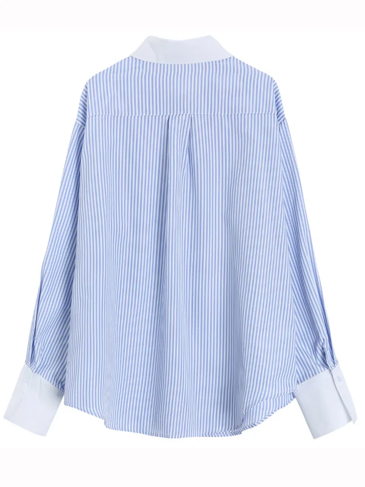 LANMREM Blue And White Striped Contrasting Long Sleeved Shirt For Women 2025 Spring New Office Lady Chic Top Clothes 2DA7152