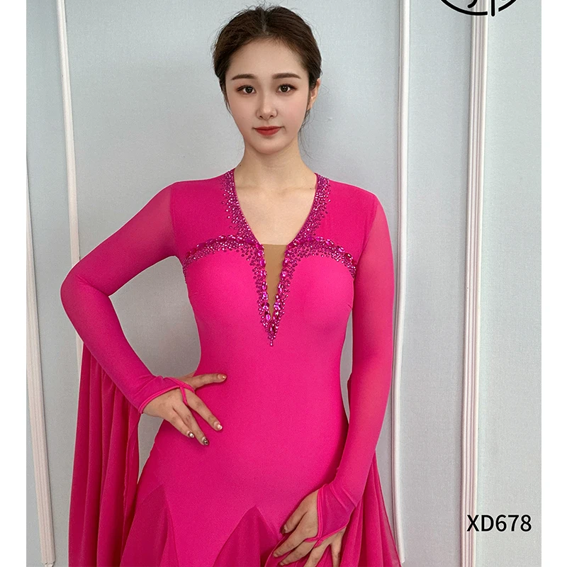 Rose Red Ballroom Dance Dress Long Sleeves Rhinestone Competition Dress Women Waltz Dance Costume Performance Dancewear BL18111
