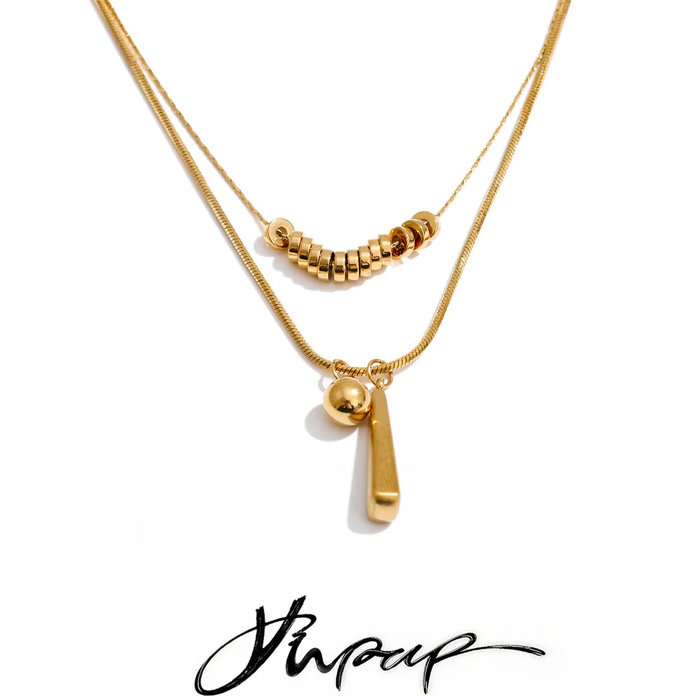 Yhpup Stainless Steel Double Layer Beads Water Drop Pendant Necklace Tarnish Resistant Distinctive Collar Jewelry