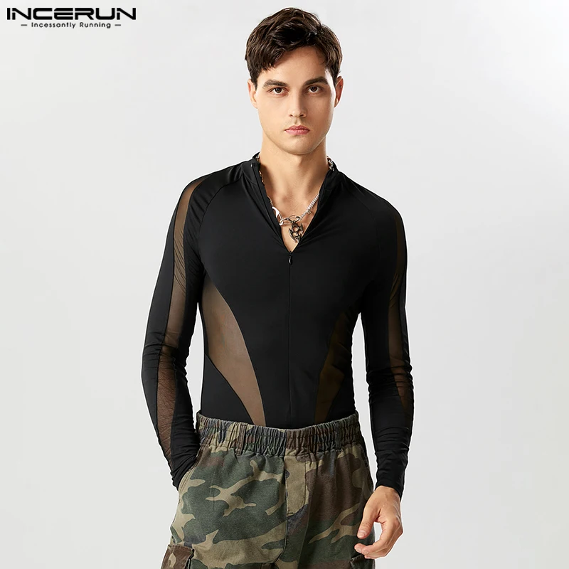 INCERUN 2024 American Style New Men Fashion Sexy Homewear Bodysuits Casual High Neck Patchwork Mesh Long Sleeved Jumpsuits S-5XL