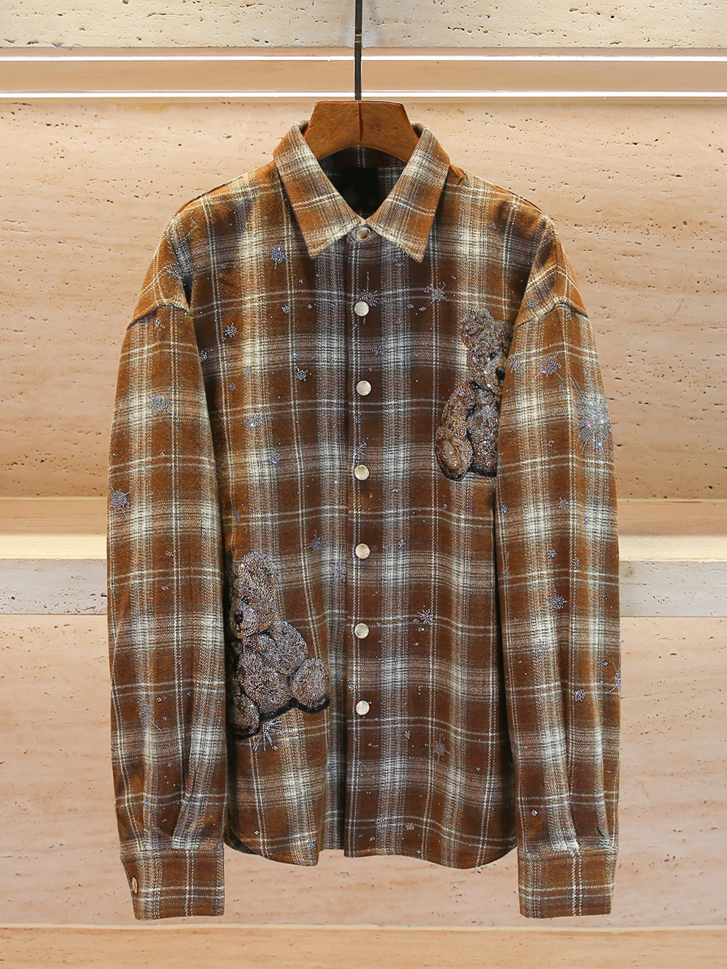 

High-End Women's Ne Plaid irt Embroidery Rhinestone Iron-On Design Autumn Winter Simple Sle Long Sve Casual Top