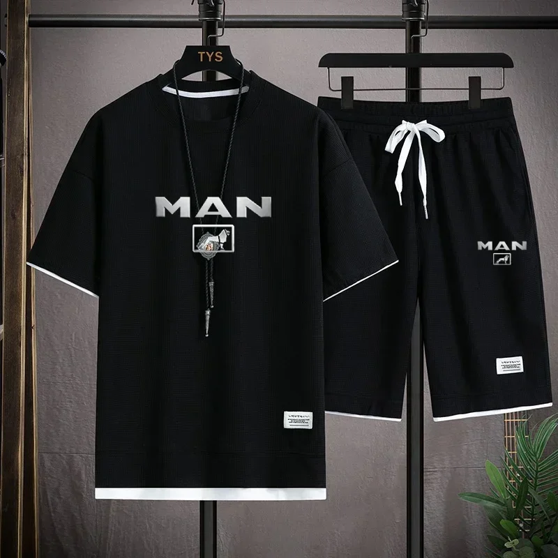 

Men's summer short-sleeved T-shirt set: High-quality fashionable tops and shorts for sports wear, outdoor two-piece set