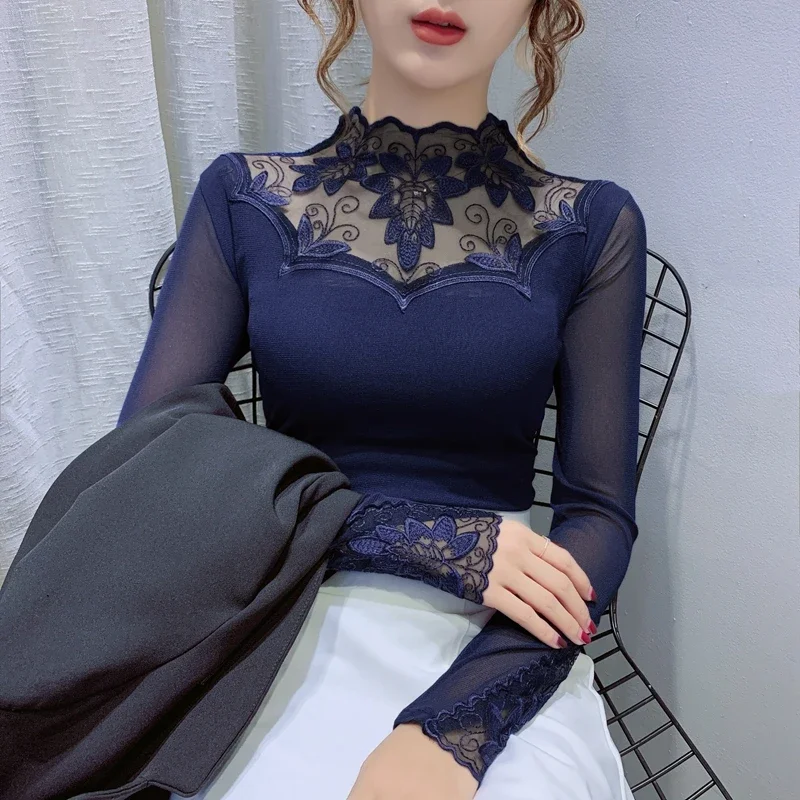 Oversized Lace Patchwork Blouses Women 2024 Fashion Long Sleeve Casual Black Ladies Tops Korean Clothes Elegant Slim Sexy Blouse