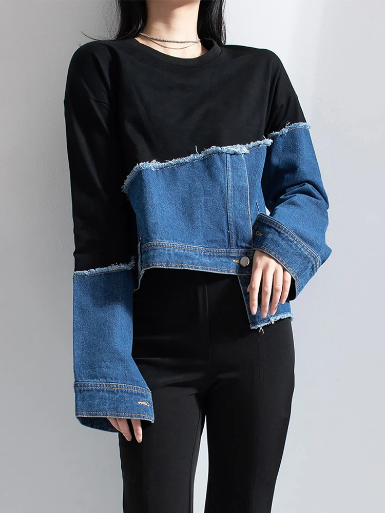 TWOTWINSTYLE streetwear Asymmetrical sweatshirt for women round neck long sleeve patchwork denim colorblock sweatshirts females