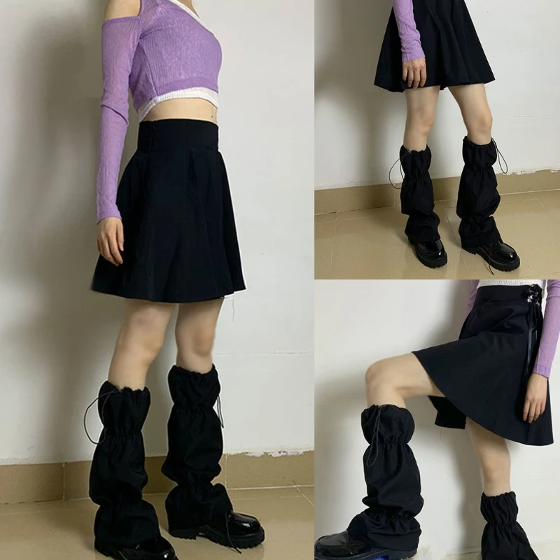 Japanische Frauen Mädchen Wadenlange Socken Gothic Punk Geraffte Kordelzug Schwarz Beinlinge Harajuku Straße Schichtung Fuß