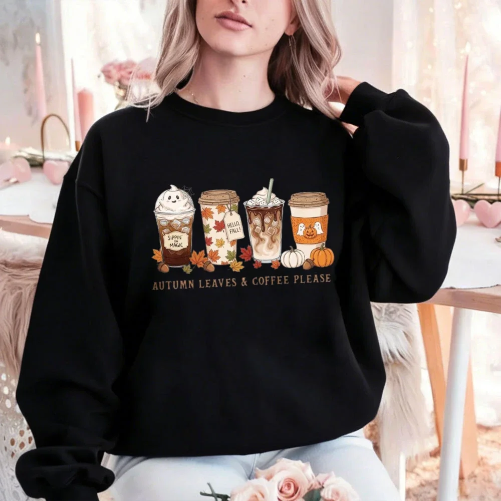 Retro Cozy Autumn Leaves and Coffee Please Sweatshirt Cute Fall Pumpkin Spice Latte Graphic Pullover Women Unisex Winter Top view 4