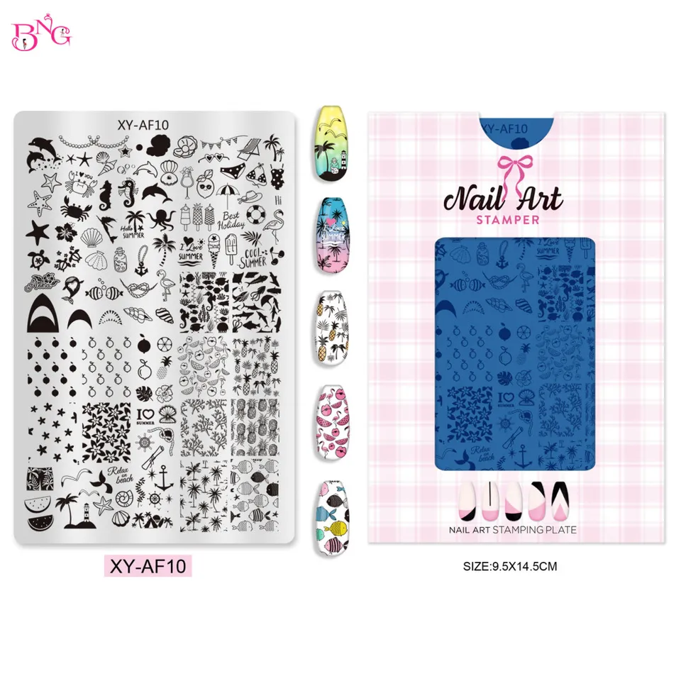BNG Placas de Estampado para Uñas con Diseños de Cuadros y Flores, Plantillas de Verano para Estampado, Herramientas de Impresión DIY para Manicura 5