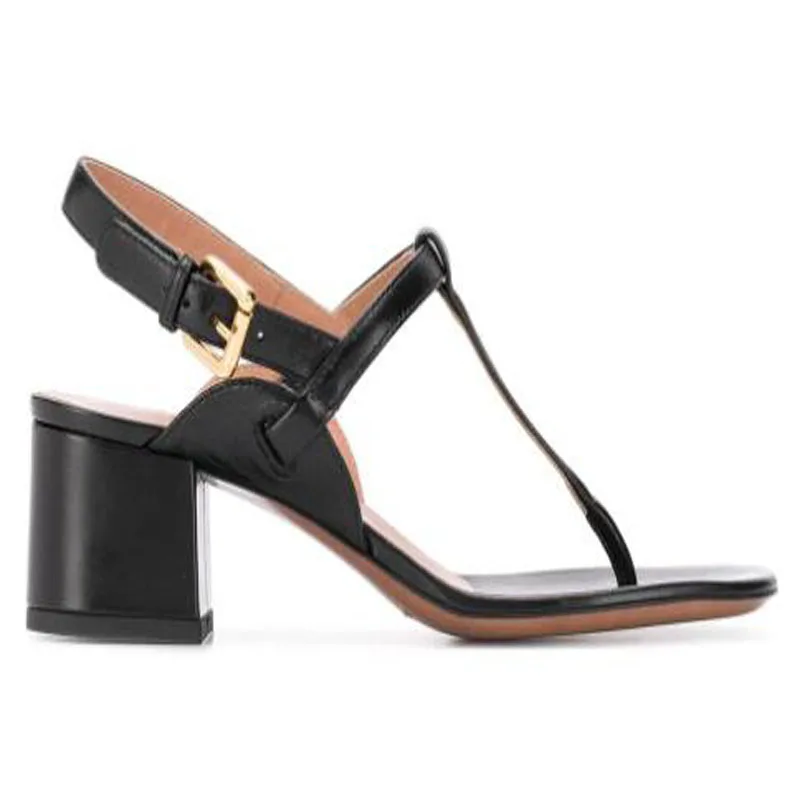 

New Ladies Black Orange Brown Leather Suede T Ankle Buckle Strap Square Heels Summer Sandals Women Med Heels Casual Shoes