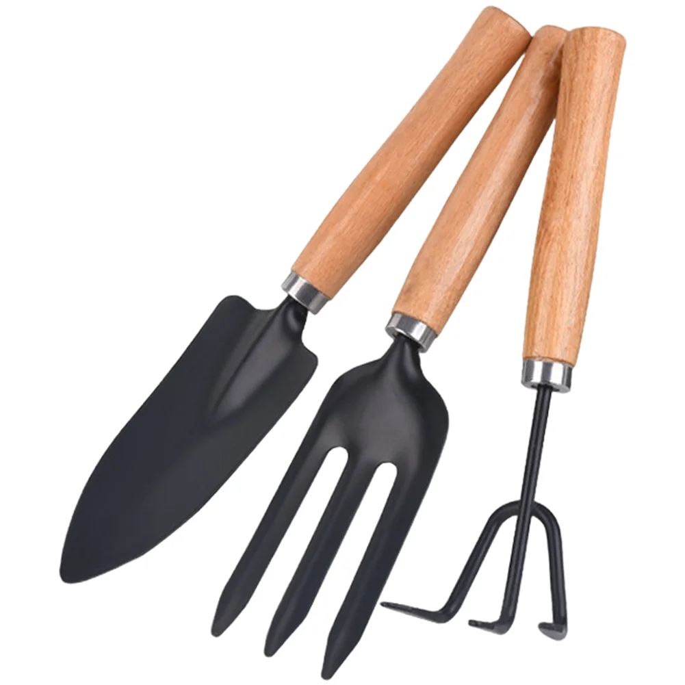 3 Piece Potting Tool Set Including Shovel Fork and Rake Made of Iron and Natural Wood for Precision Soil Mixing and Planting