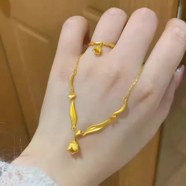 

Elegant Real 14 K Gold Color Linglan Flower Necklace Pendant Set Chain for Women Valentine's Day Wedding Engagement Not Fade