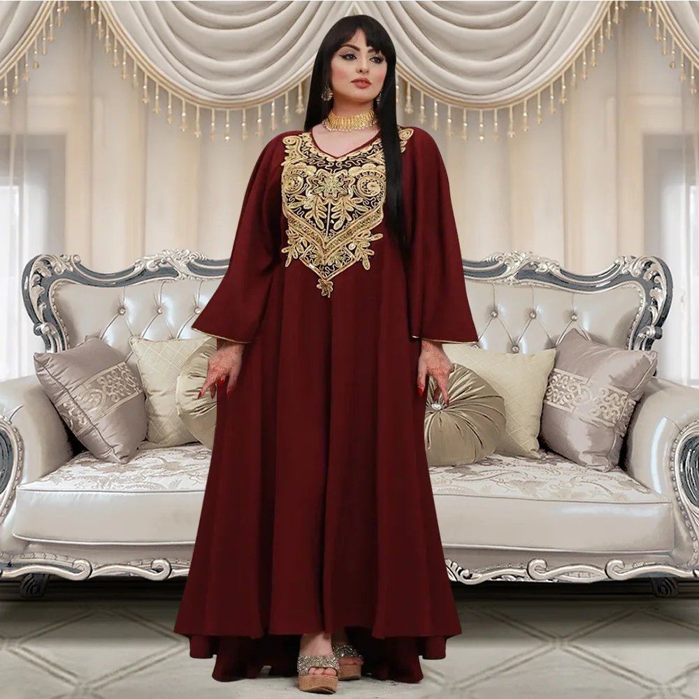 Cross border Middle Eastern Muslim Robe Dubai Dress Splicing sequin collar flower Elegant Long Dress