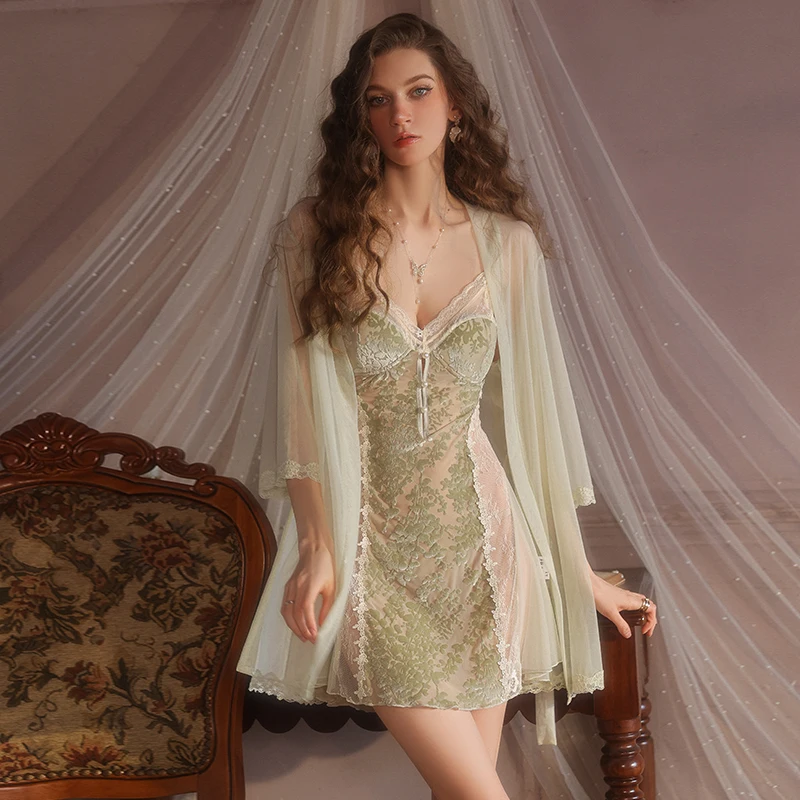 Rose translucide Burn-Out Robe ensemble dentelle femmes Sexy chemise de nuit chemise de nuit dames dos nu Sexy Lingerie sous-vêtements nuisette femme