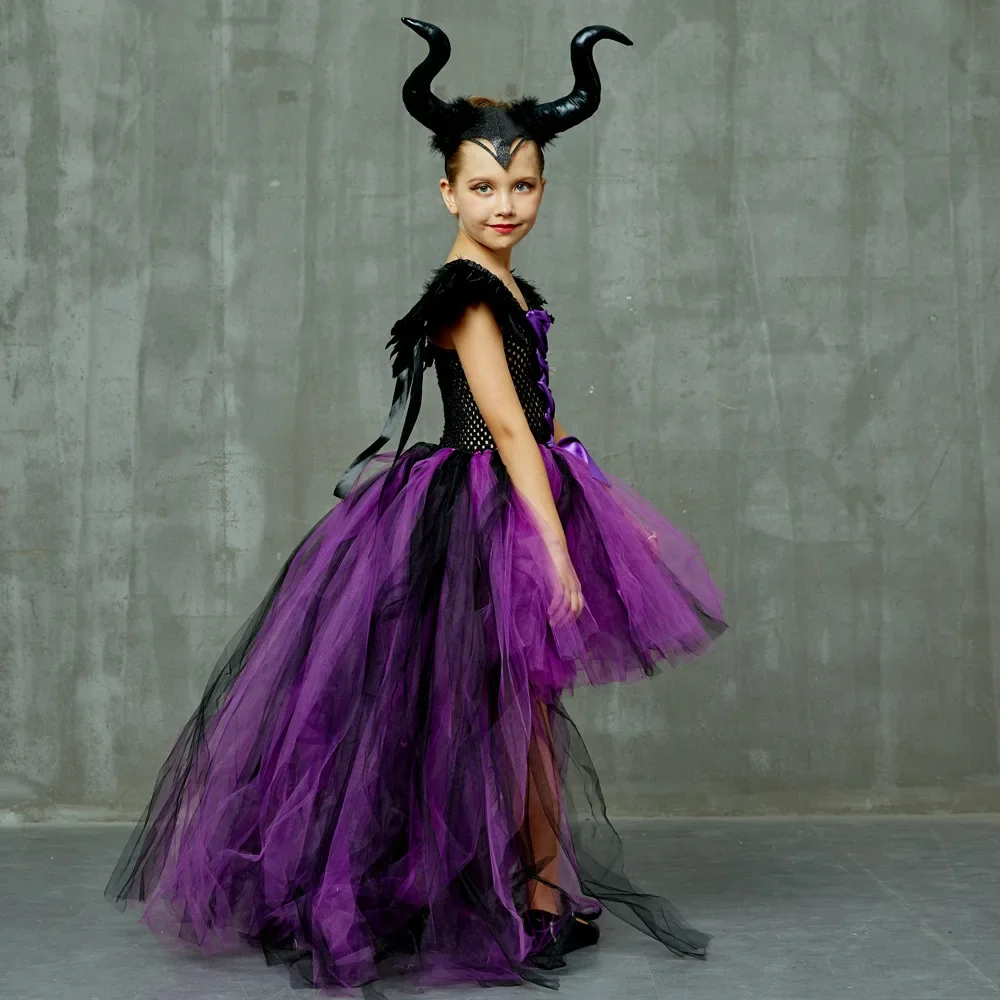 Kinder-Federkleid mit Schulterverzierungen, Gothisches Kleid für Mädchen, Lila-Schwarzes Netz-Tüllkleid für Halloween-Verkleidungspartys – Detail 9