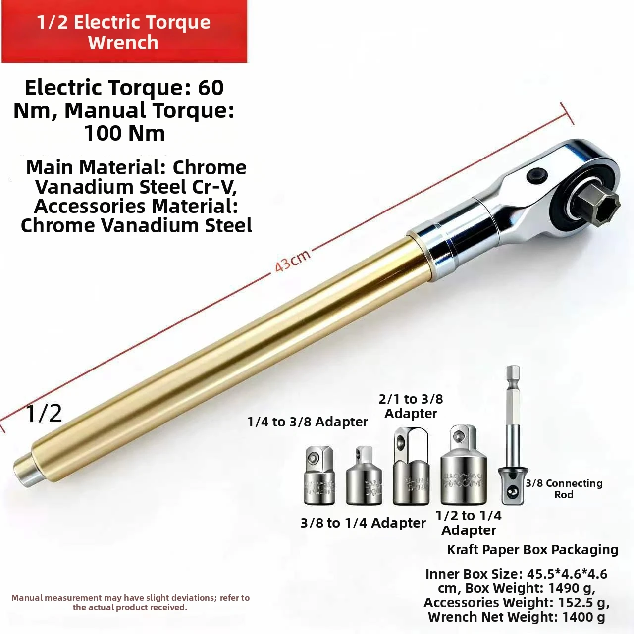 1/2 Inch Extended Ratchet Wrench 43cm Reach Dual Torque 60Nm Electric 100Nm Manual For CR-V Steel Hand Tool With Adapters