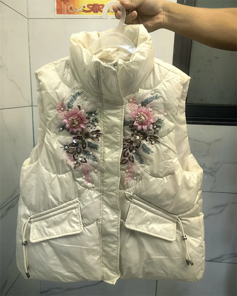 

Autumn Winter Waistcoat Beaded Flowers Cotton Vest Warm Quilted Sleeveless Down Jacket Sequin Tank Cardigan