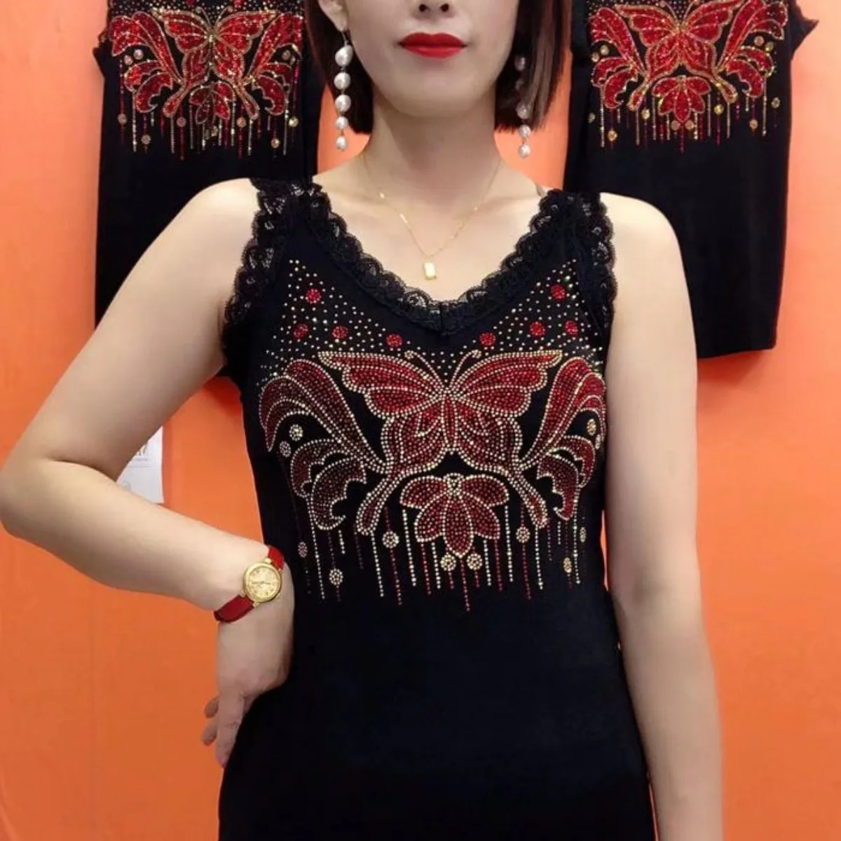 Womens Phoenix Rhinestone Tank Tops Summer Lace V Neck Sleeveless Shirts Elastic Going Out Camisole Tops Plus Size Streetwear