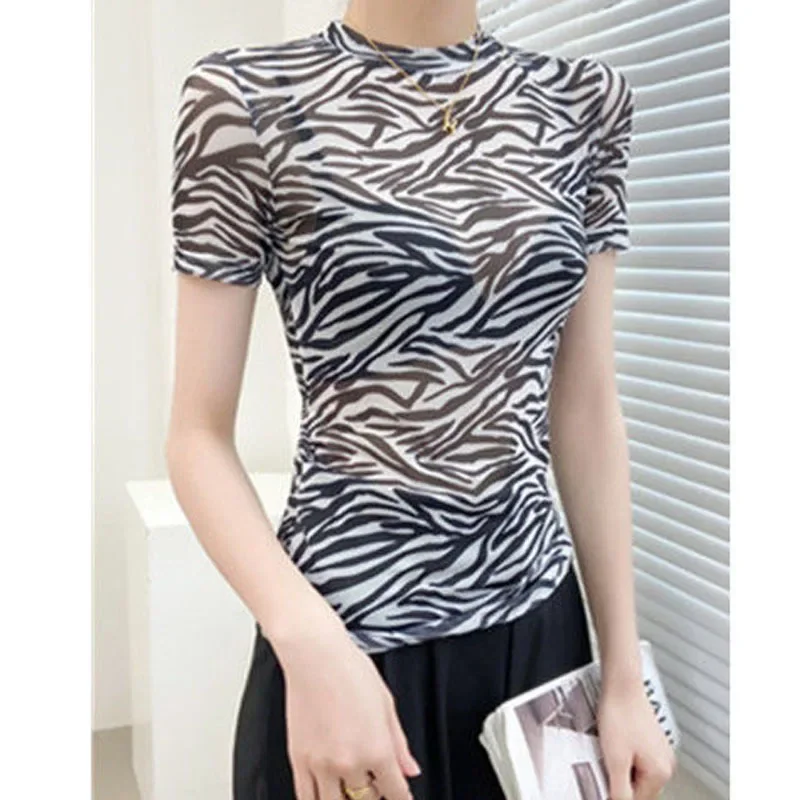 

Zebra Pattern Summer Women Slim Sexy T-shirt Niche Short Sleeve All-match Thin Style Office Lady Casual Affordable Undershirt