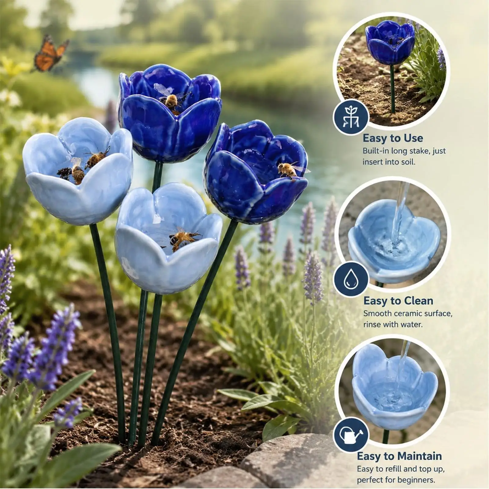 Bee Watering Station 4 Pieces Handmade Mini Ceramic Flower Bath Outdoors Hummingbird Feeders For Butterfly Hummingbird Feeding