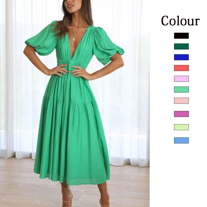 

SHAN-23-Mid-Length Dress, Waist-Tight VCollar, Casual Fashion Trends, 23047