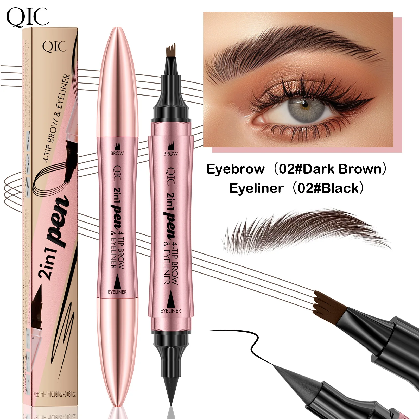 

QIC 2-in-1 Dual-Ended Eyebrow and Eyeliner Pen Long-Lasting Waterproof & Smudge-Proof Split-Tip Liquid Eyebrow Pen Makeup