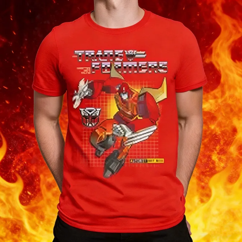 

2025-26 Summer Transformers Autobots Hot Rod 100% Cotton Printed T-shirt for Men Robot Vintage Round Neck T Shirts Party Clothes